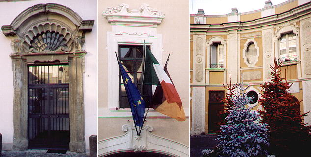 Ingresso al palazzo in Piazza S. Paolo, una finestra di Palazzo Savelli Albani 
            e l'esedra di fronte a Palazzo Lercari